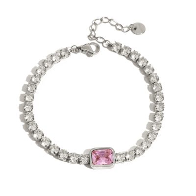 J&D 18K Gold Plate Stainless Steel Bracelet Trendy Sweet Romance Pink White Square Zircon Bracelets