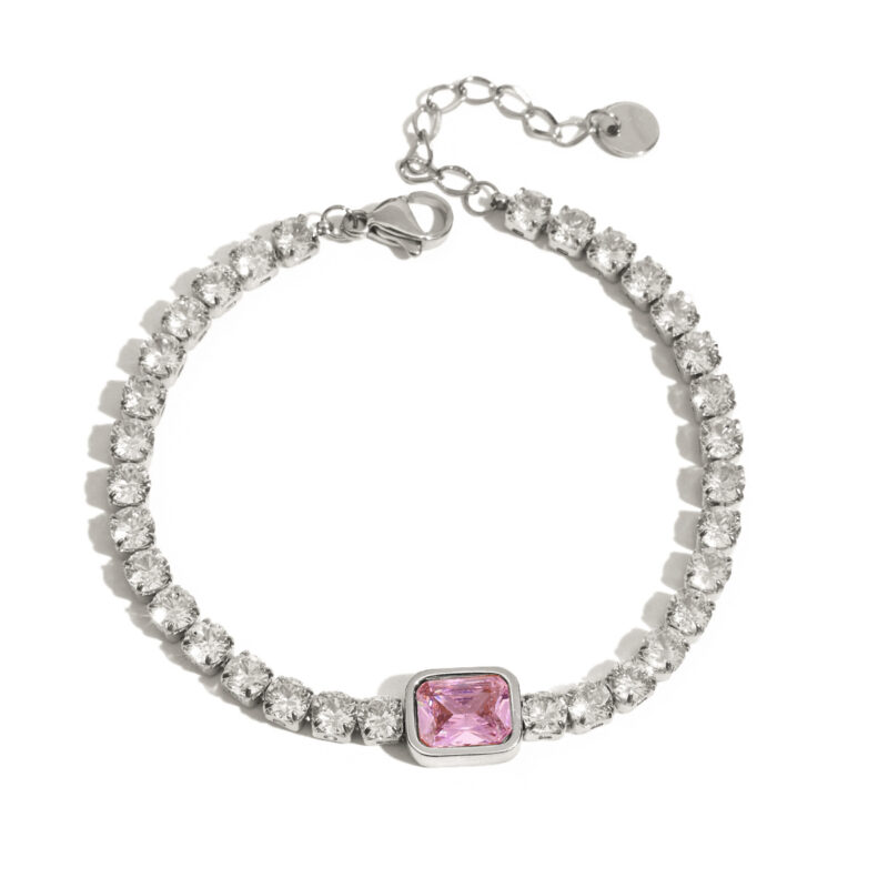 J&D 18K Gold Plate Stainless Steel Bracelet Trendy Sweet Romance Pink White Square Zircon Bracelets