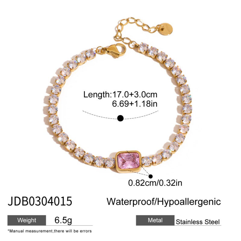 J&D 18K Gold Plate Stainless Steel Bracelet Trendy Sweet Romance Pink White Square Zircon Bracelets - Image 5