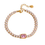 J&D 18K Gold Plate Stainless Steel Bracelet Trendy Sweet Romance Pink White Square Zircon Bracelets