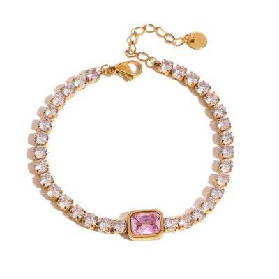 J&D 18K Gold Plate Stainless Steel Bracelet Trendy Sweet Romance Pink White Square Zircon Bracelets