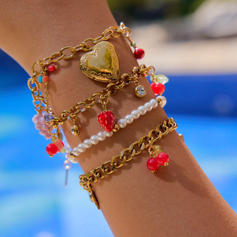 Sweet Romantic Women's 18K Gold Glass Bead & Painted Charm Bracelet - Image 2