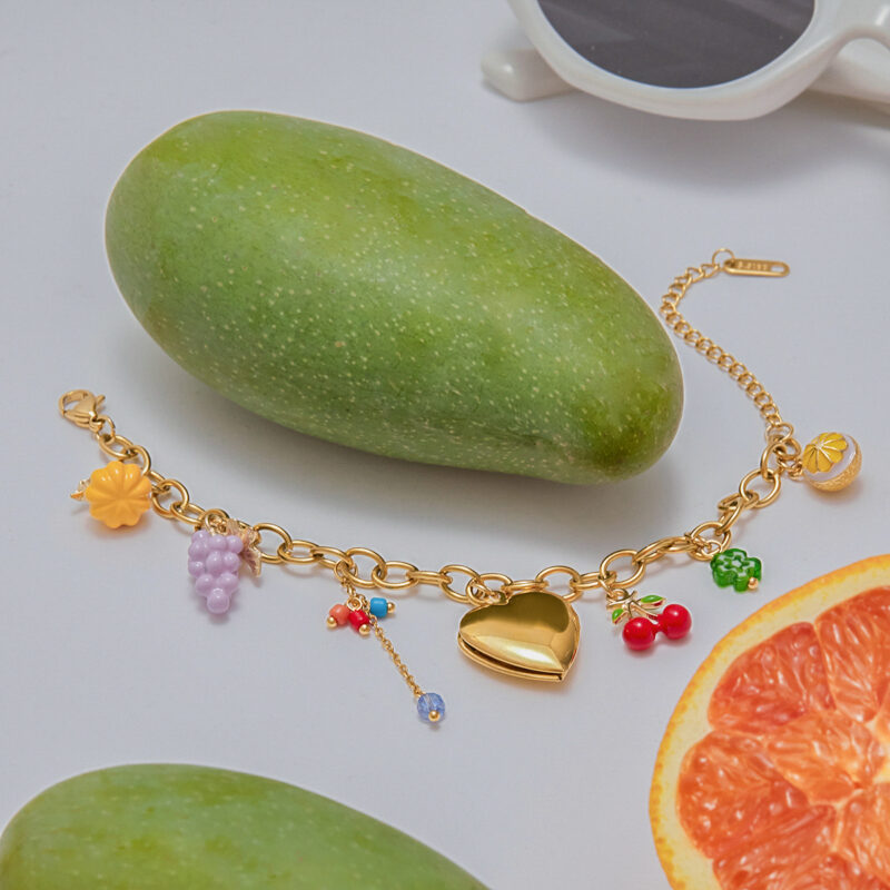 Sweet Romantic Women's 18K Gold Glass Bead & Painted Charm Bracelet - Image 6
