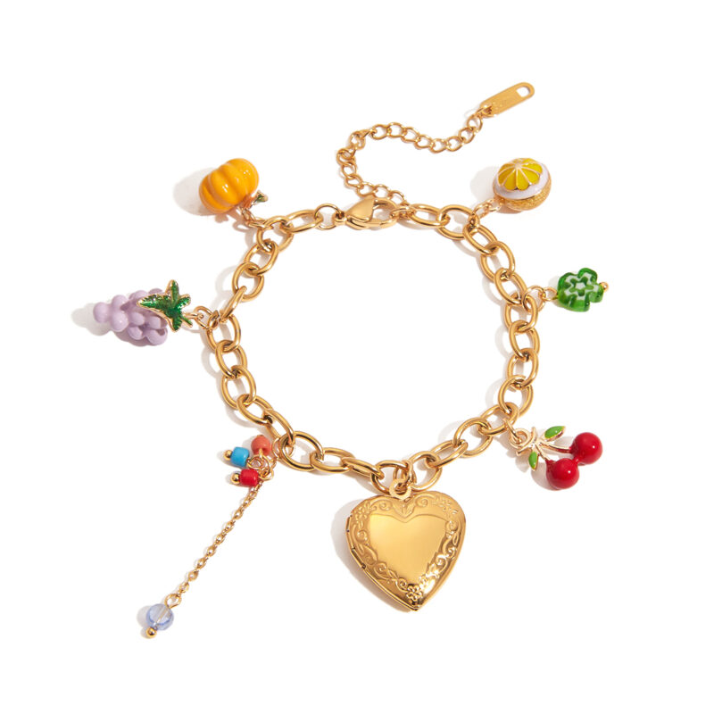 Sweet Romantic Women's 18K Gold Glass Bead & Painted Charm Bracelet