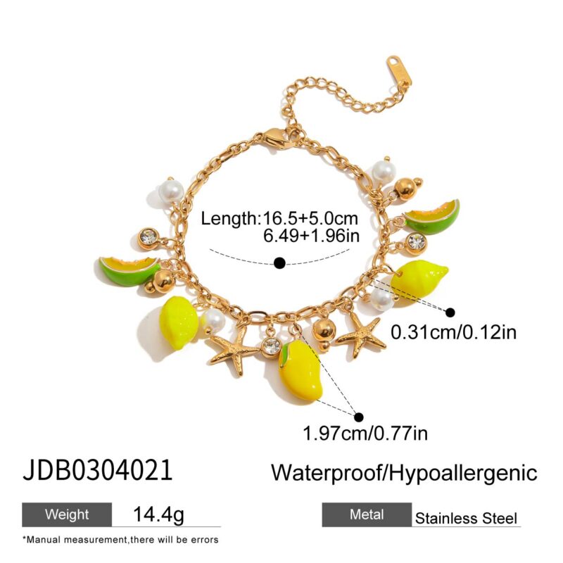 Sweet Romantic Women's 18K Gold Glass Pearl & Diamond Fruit Charm Bracelet - Image 5