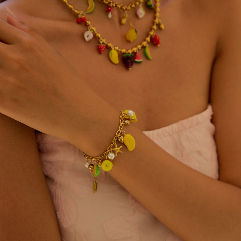 Sweet Romantic Women's 18K Gold Glass Pearl & Diamond Fruit Charm Bracelet - Image 4