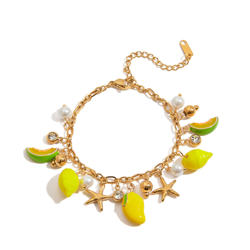 Sweet Romantic Women's 18K Gold Glass Pearl & Diamond Fruit Charm Bracelet
