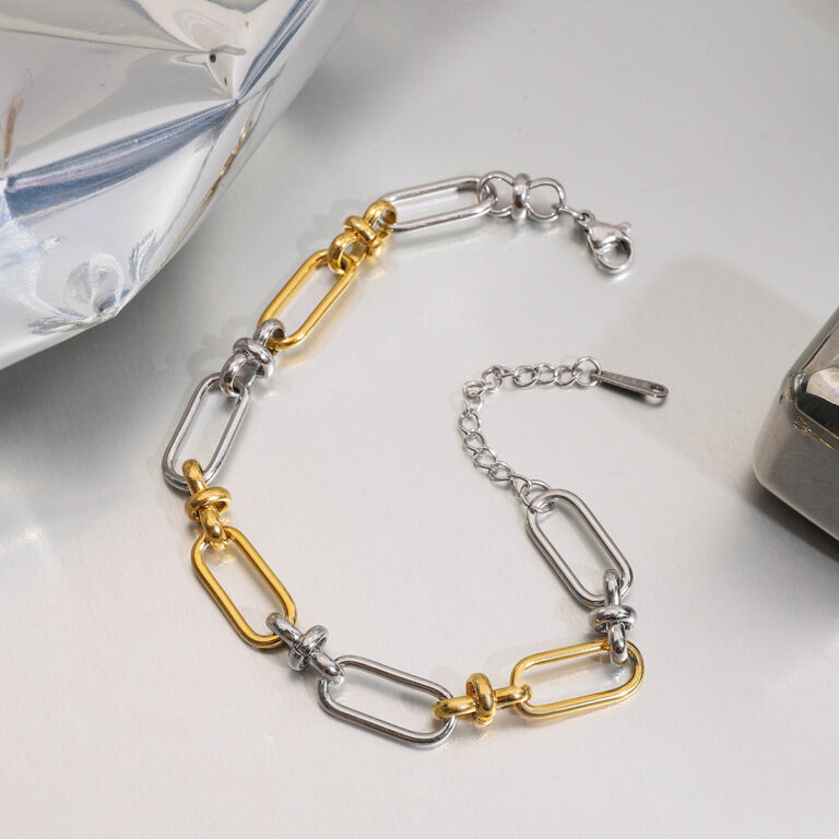 Classic 18K Gold Stainless Steel Wide Chain Bracelet with Cross Clasp - Gold & Silver Tone 18+5cm for Women - Image 4