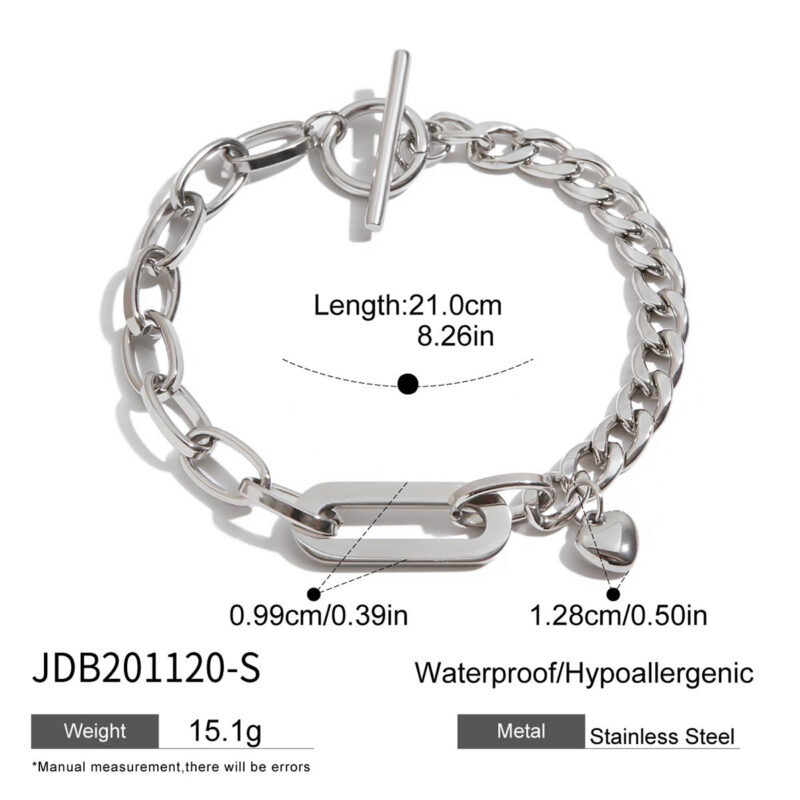 Stainless Steel Cuban Link Bracelet with Oval & Heart Pendant - OT Clasp Design - Image 5