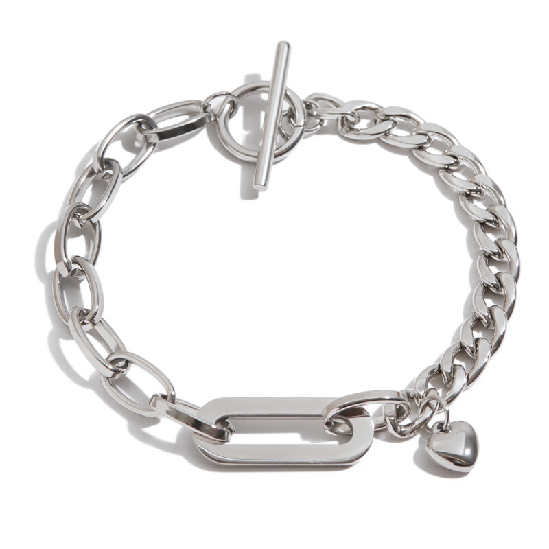 Stainless Steel Cuban Link Bracelet with Oval & Heart Pendant - OT Clasp Design