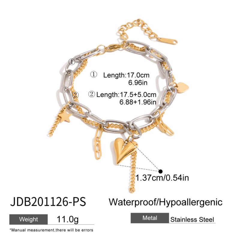 Sweet & Edgy Women's 18K Gold Two-Tone Heart Star Pendant Double Chain Bracelet - Image 5