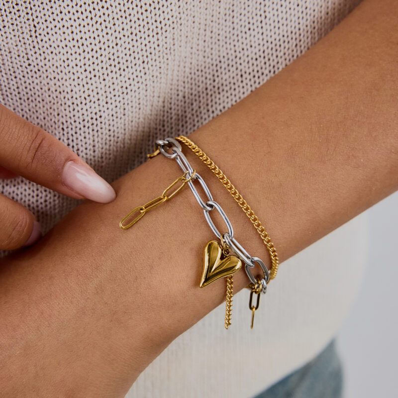 Sweet & Edgy Women's 18K Gold Two-Tone Heart Star Pendant Double Chain Bracelet - Image 2