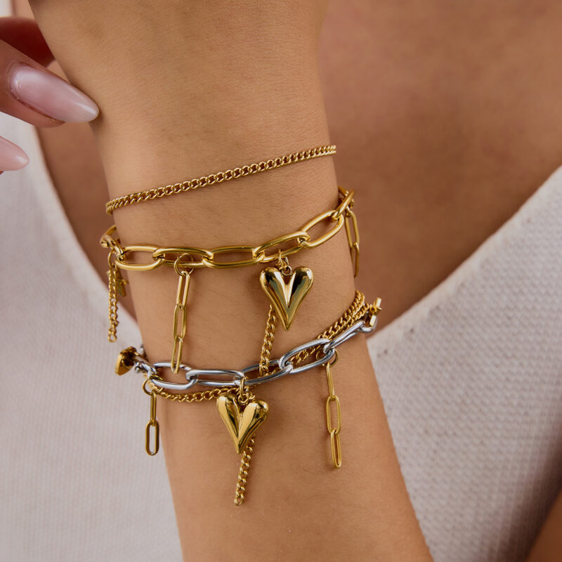 Sweet & Edgy Women's 18K Gold Two-Tone Heart Star Pendant Double Chain Bracelet - Image 3