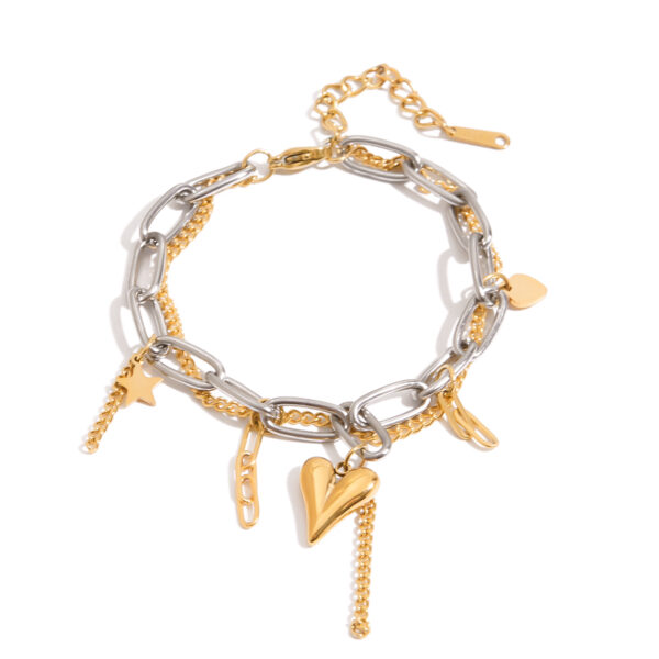 Sweet & Edgy Women's 18K Gold Two-Tone Heart Star Pendant Double Chain Bracelet