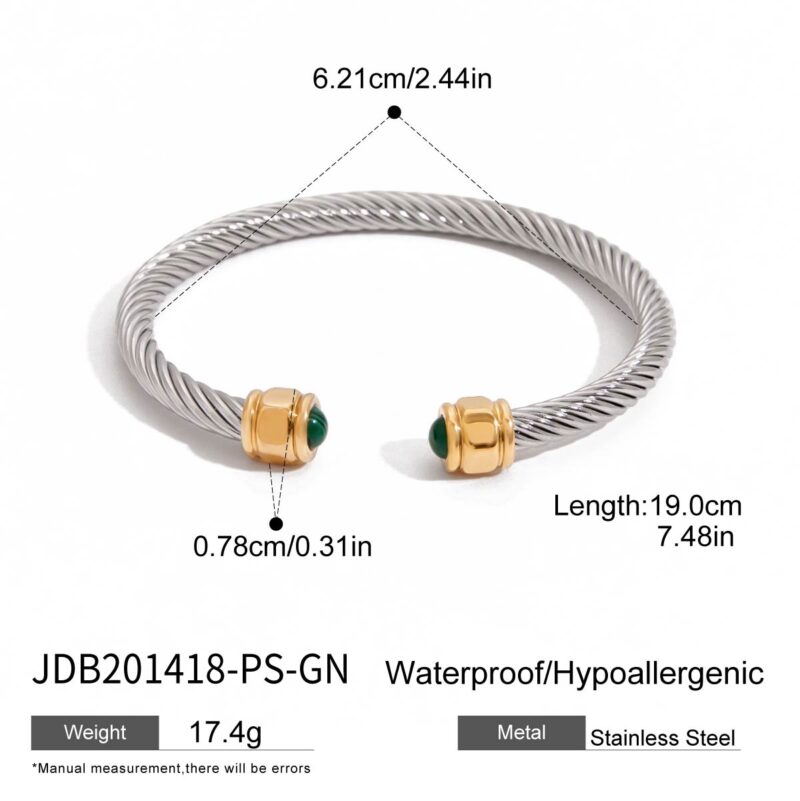 Modern Minimalist 18K Gold Stainless Steel & Malachite Bracelet - Genuine Stone Inlaid Ribbed Cuff Jewelry for Women - Image 4