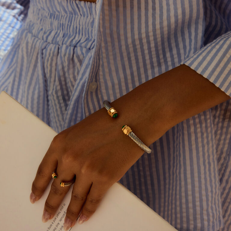 Modern Minimalist 18K Gold Stainless Steel & Malachite Bracelet - Genuine Stone Inlaid Ribbed Cuff Jewelry for Women - Image 3