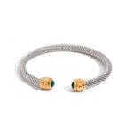 Modern Minimalist 18K Gold Stainless Steel & Malachite Bracelet - Genuine Stone Inlaid Ribbed Cuff Jewelry for Women