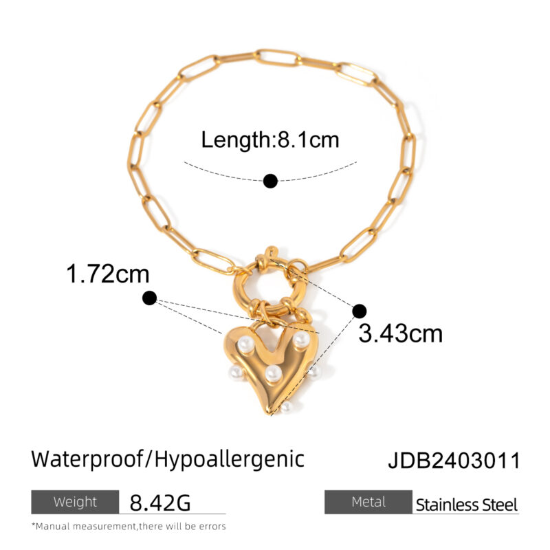 J&D Designer 20cm Stainless Steel Women Bracelet 18K Gold Plated Big Heart Pearl Pendant Bracelet - Image 6