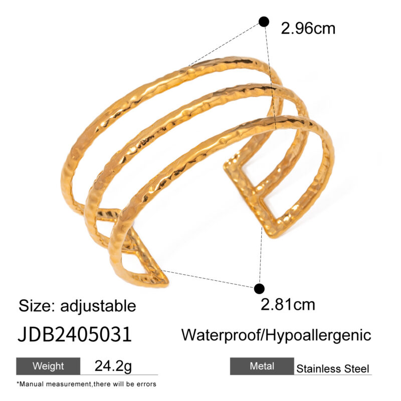 J&D Jewelry Three-layer Hammered Texture Cuff Bangle 18K PVD Gold Plated Stainless Steel Opening Bracelet - Image 6