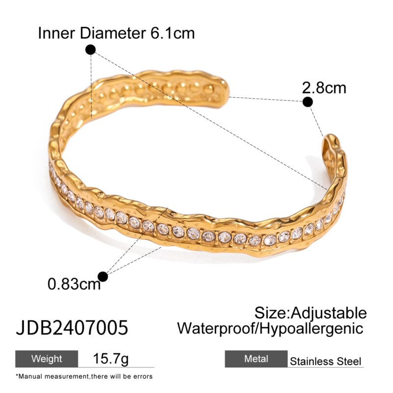 J&D White Rhinestone ZIRCON Irregular Hammer Wave Bracelet 18K PVD Plated Stainless Steel Bracelet for Women - Image 6
