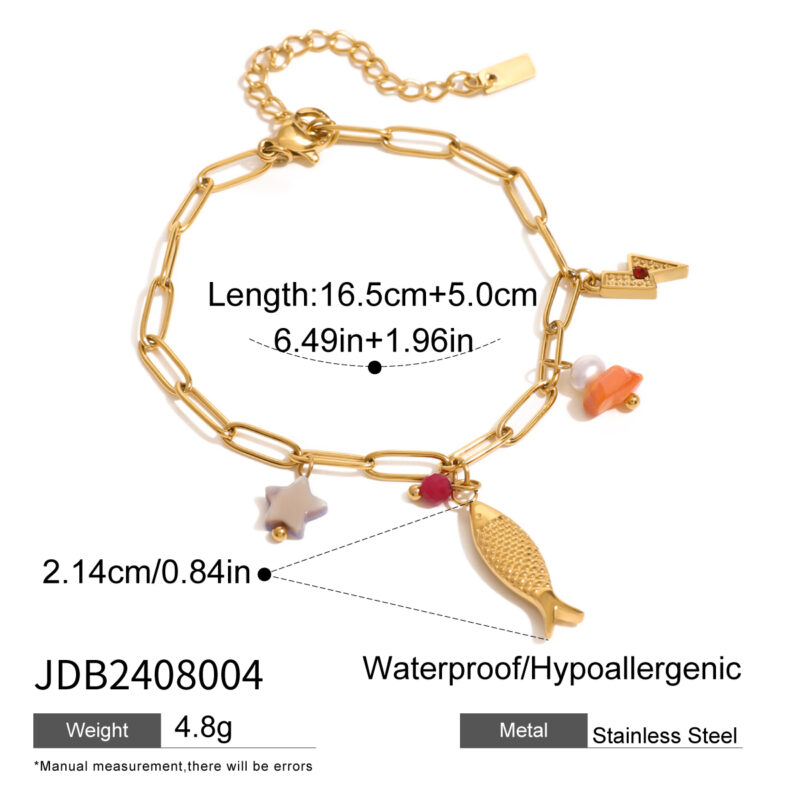 J&D 18k Gold Stainless Steel DIY Fish Lightning Faux Pearl Natural Stone Star Personalized Bracelet 16.5+5cm Creative Jewelry - Image 2