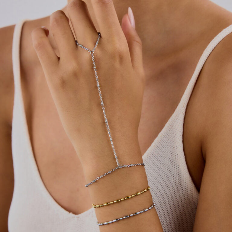 Classic Stainless Steel Beaded Finger Chain Bracelet - Minimalist Pearl-Link Hand Jewelry for Women - Image 3