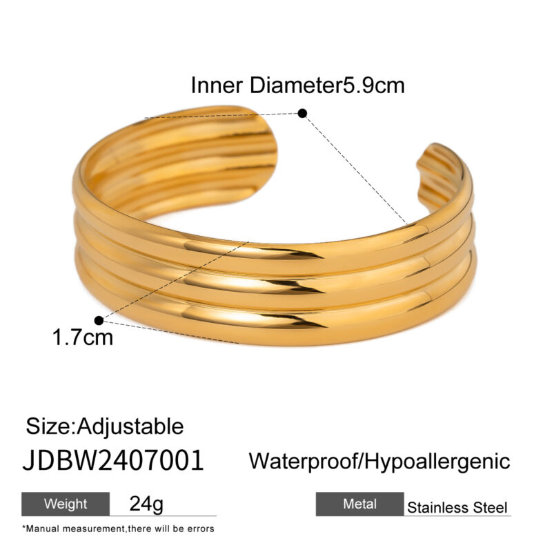 J&D 18k Gold Stainless Steel Triple Layer Tube Open Cuff Bracelet Stylish - Image 4