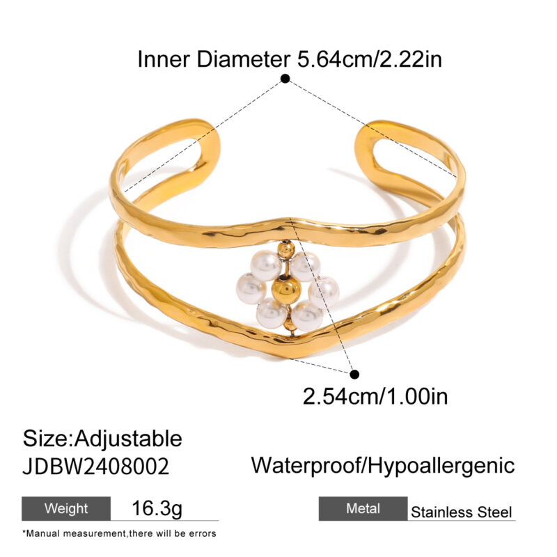 J&D Elegant Double Layer Faux Pearl Bangle 18K Stainless Steel Real Gold Plated Flower Design Fashionable Double Wrist Accessory - Image 6