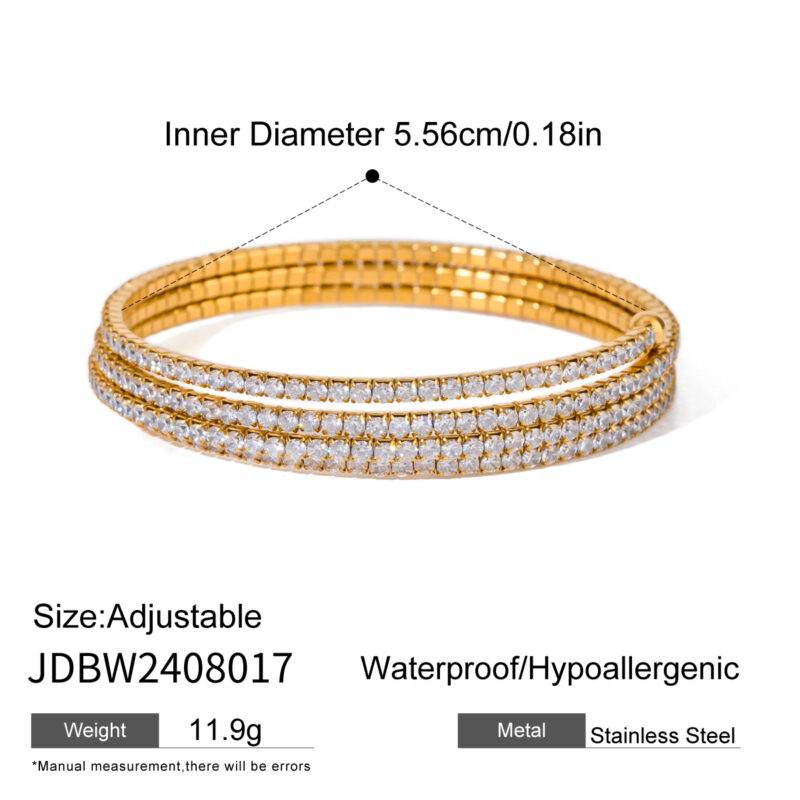 J&D 18k Gold Stainless Steel White Zircon Full Zircon Triple Layer Bracelet Luxurious Style Party Wearing - Image 6