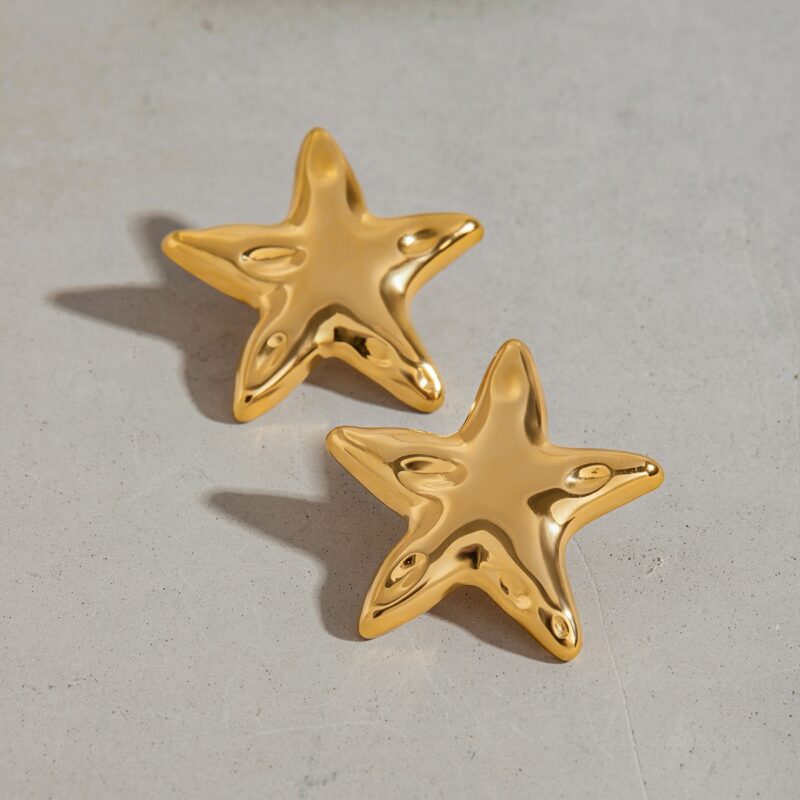 J&D Modern Minimalist 18K Gold Stainless Steel Earrings Hammered Star Earrings for Women - Image 2