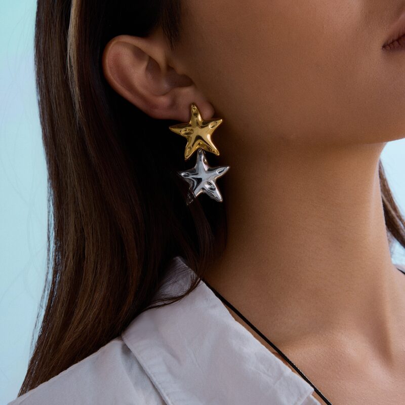J&D Modern Minimalist 18K Pvd Gold Stainless Steel Gold and Silver Star Women Drop Earrings - Image 4