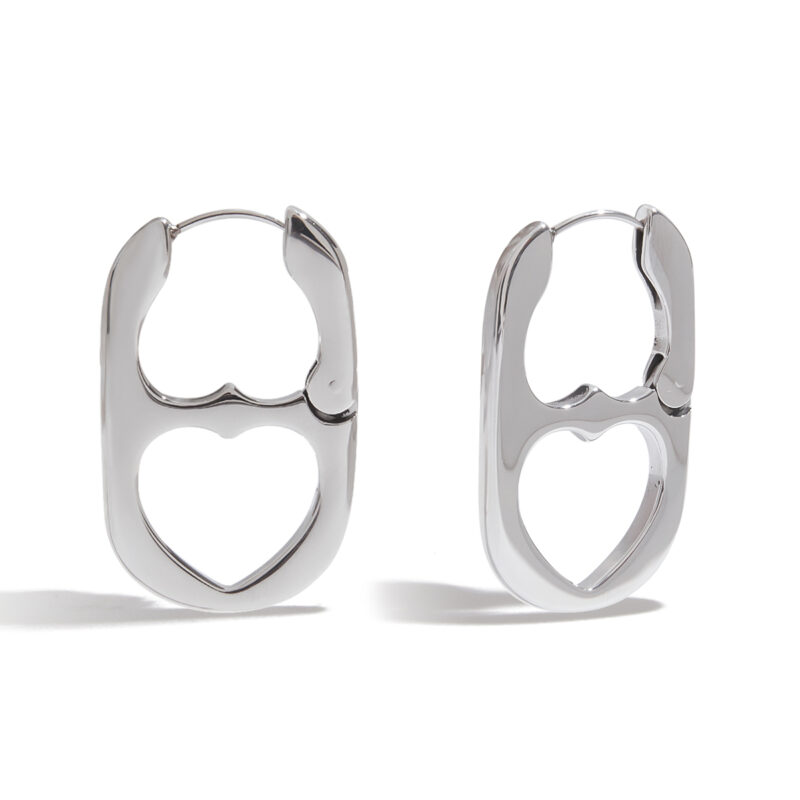 Men's Designer Steel-Colored Stainless Steel Smooth Can-Inspired Hollow Heart Stud Earrings