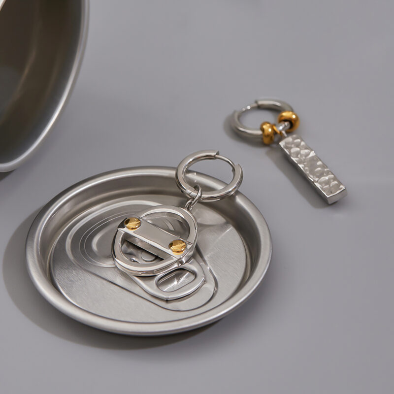 Men's Designer 18K Gold Stainless Steel Two-Tone Hammered Can & Square Pendant Drop Earrings - Image 2
