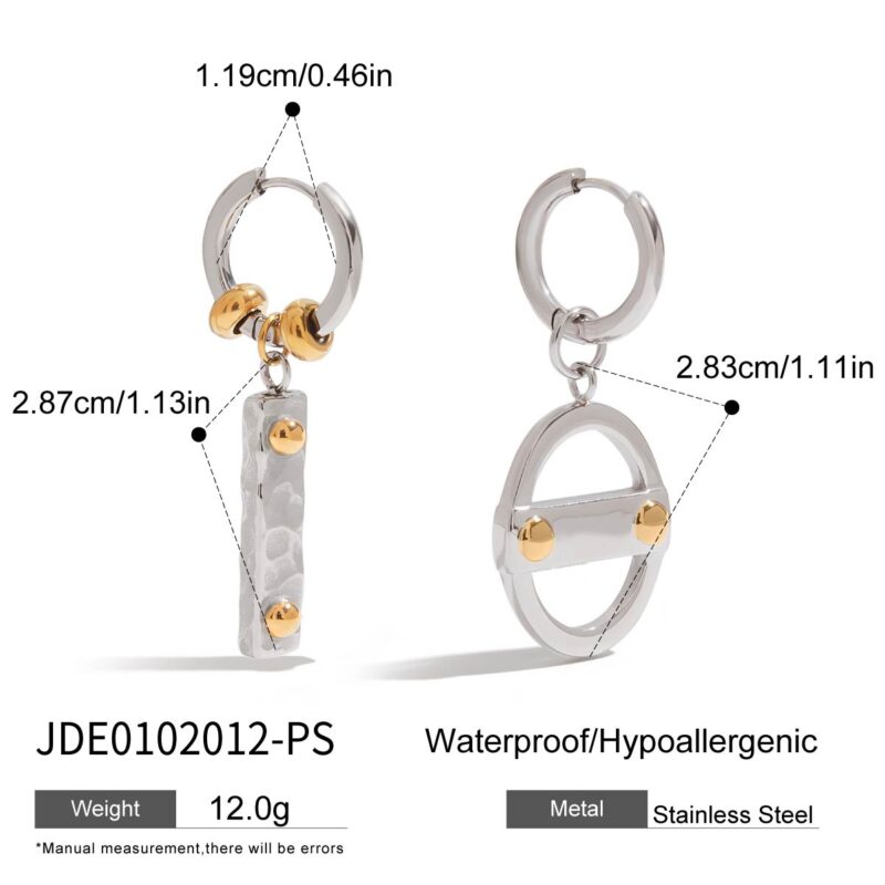 Men's Designer 18K Gold Stainless Steel Two-Tone Hammered Can & Square Pendant Drop Earrings - Image 5
