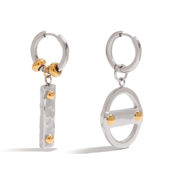 Men's Designer 18K Gold Stainless Steel Two-Tone Hammered Can & Square Pendant Drop Earrings