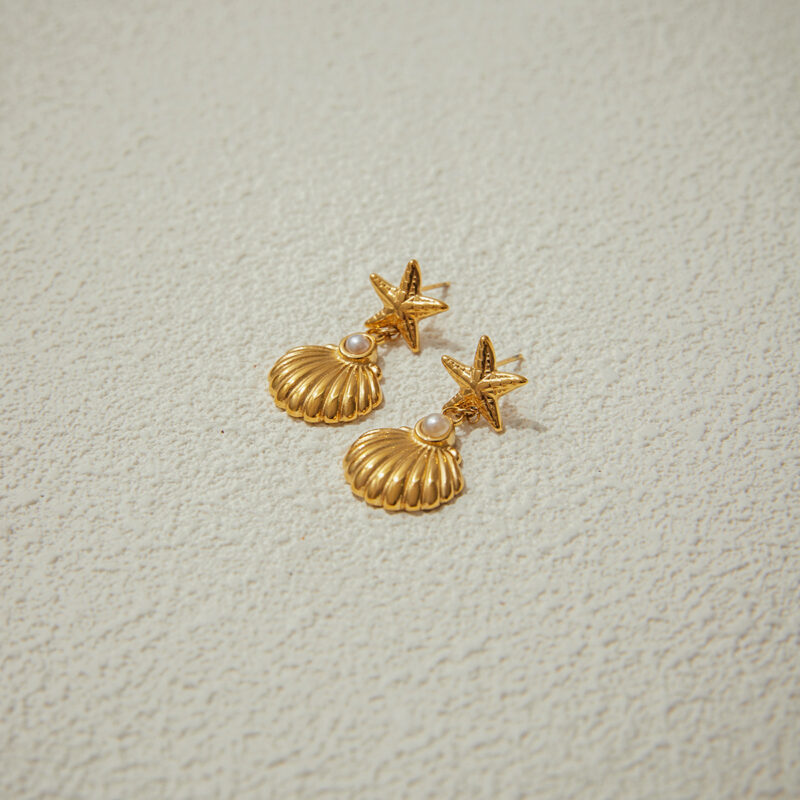 18K Gold Stainless Steel Starfish Shell Earrings for Women - Beach Holiday Dangle Drop Earrings with Pearl, Summer Jewelry Gift - Image 2