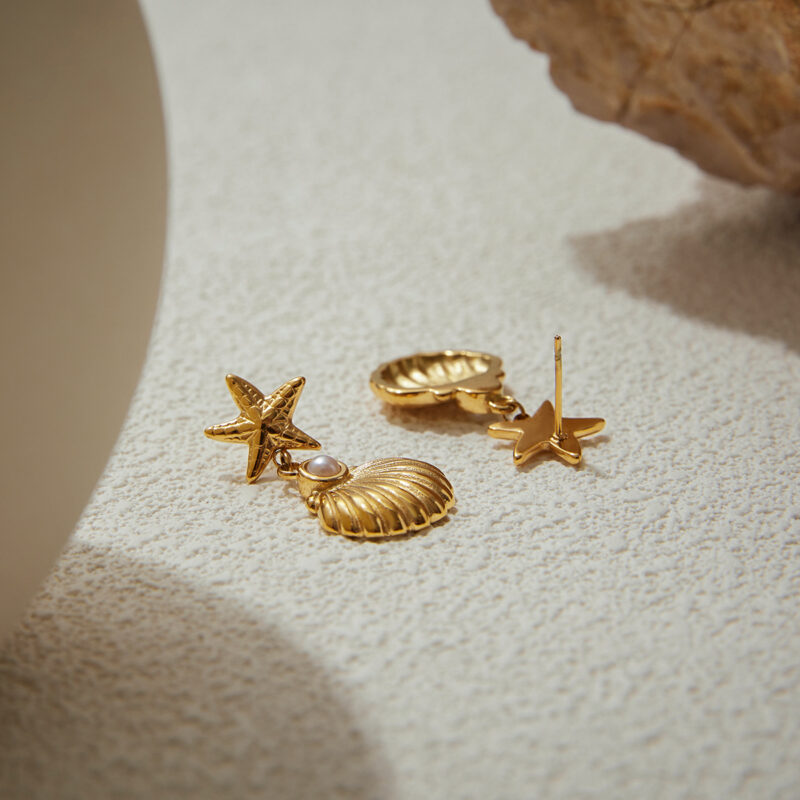18K Gold Stainless Steel Starfish Shell Earrings for Women - Beach Holiday Dangle Drop Earrings with Pearl, Summer Jewelry Gift - Image 3