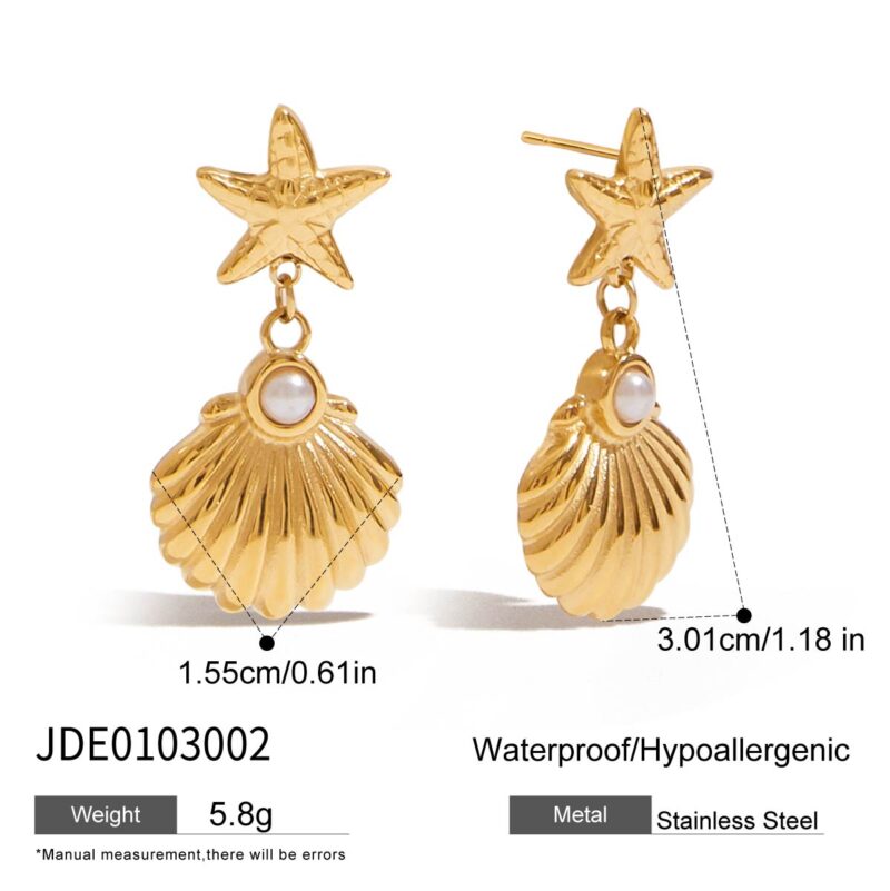 18K Gold Stainless Steel Starfish Shell Earrings for Women - Beach Holiday Dangle Drop Earrings with Pearl, Summer Jewelry Gift - Image 5