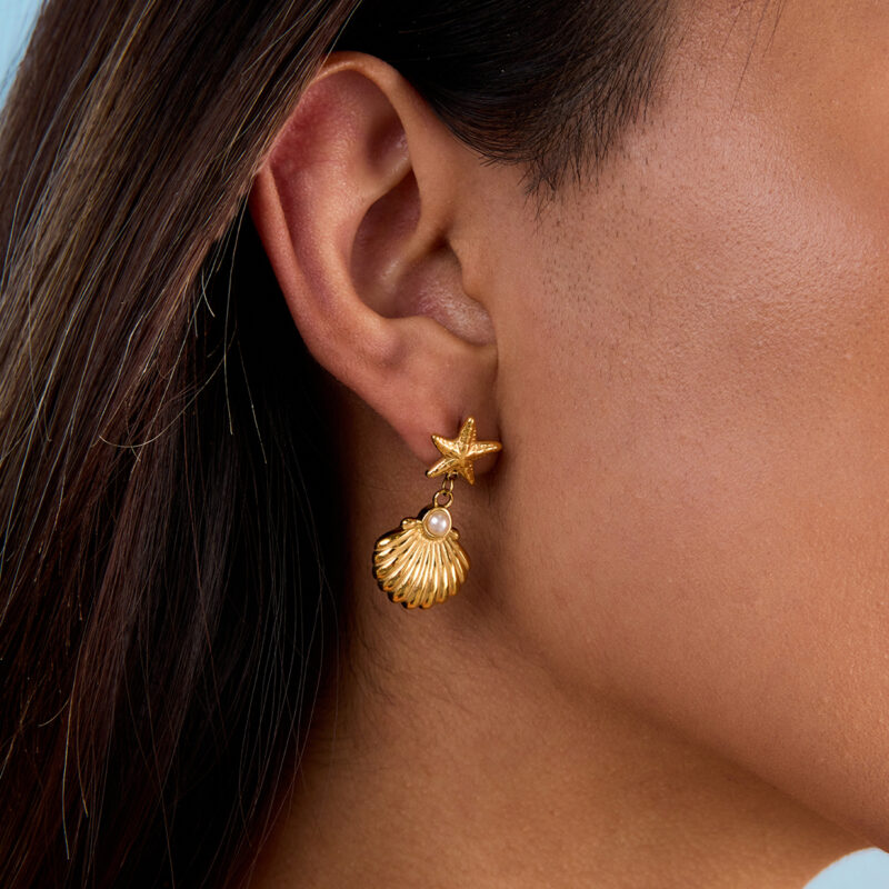 18K Gold Stainless Steel Starfish Shell Earrings for Women - Beach Holiday Dangle Drop Earrings with Pearl, Summer Jewelry Gift - Image 4