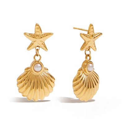 18K Gold Stainless Steel Starfish Shell Earrings for Women - Beach Holiday Dangle Drop Earrings with Pearl, Summer Jewelry Gift