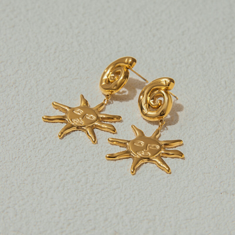18K Gold Stainless Steel Smiley Sun Pendant Earrings for Women - Fashion Holiday Vacation Dangle Drop Earrings, Trendy Summer Jewelry Gift - Image 2