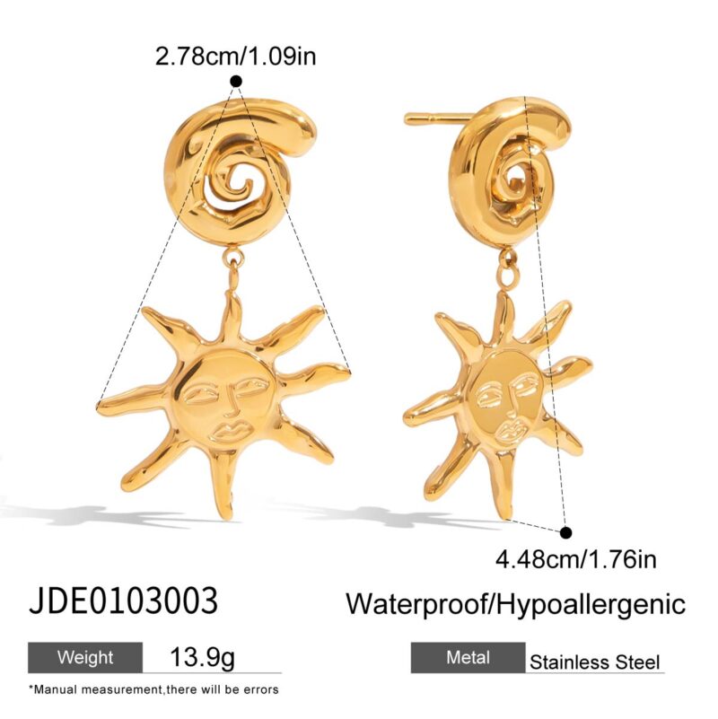 18K Gold Stainless Steel Smiley Sun Pendant Earrings for Women - Fashion Holiday Vacation Dangle Drop Earrings, Trendy Summer Jewelry Gift - Image 5