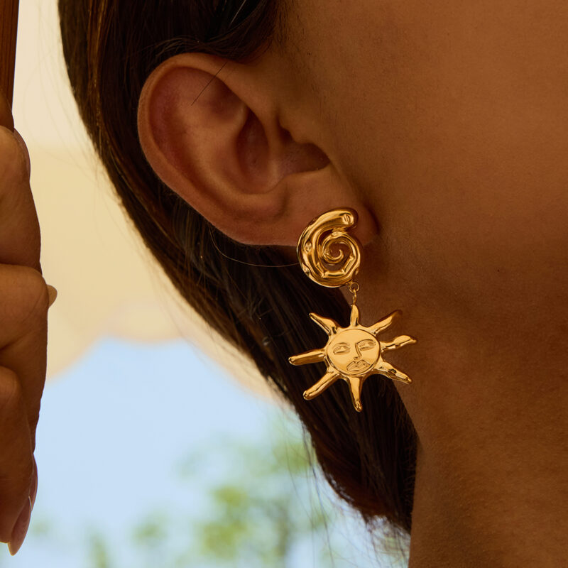 18K Gold Stainless Steel Smiley Sun Pendant Earrings for Women - Fashion Holiday Vacation Dangle Drop Earrings, Trendy Summer Jewelry Gift - Image 3