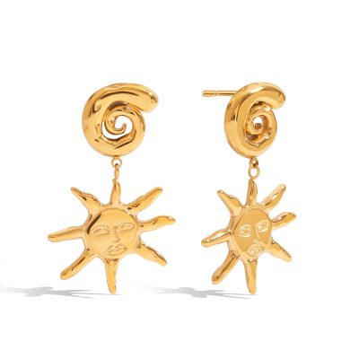 18K Gold Stainless Steel Smiley Sun Pendant Earrings for Women - Fashion Holiday Vacation Dangle Drop Earrings, Trendy Summer Jewelry Gift
