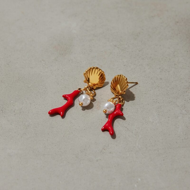 J&D 18K Gold Plated Stainless Steel Red Coral Freshwater Pearl Dangle Earrings Boho Vacation Jewelry Hypoallergenic Beach Gift - Image 2