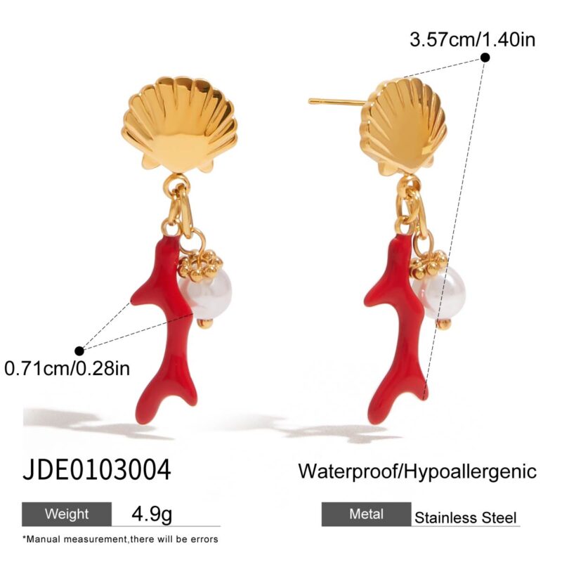 J&D 18K Gold Plated Stainless Steel Red Coral Freshwater Pearl Dangle Earrings Boho Vacation Jewelry Hypoallergenic Beach Gift - Image 5