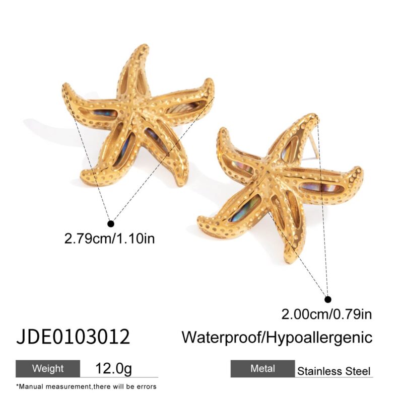 J&D Ocean Stainless Steel 18K Gold PVD Plating Starfish Thread Texture Star Shape Abalone Shell Earrings - Image 6