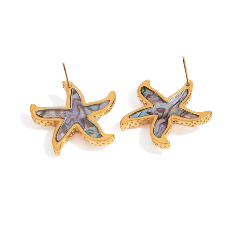 J&D Ocean Stainless Steel 18K Gold PVD Plating Starfish Thread Texture Star Shape Abalone Shell Earrings - Image 3