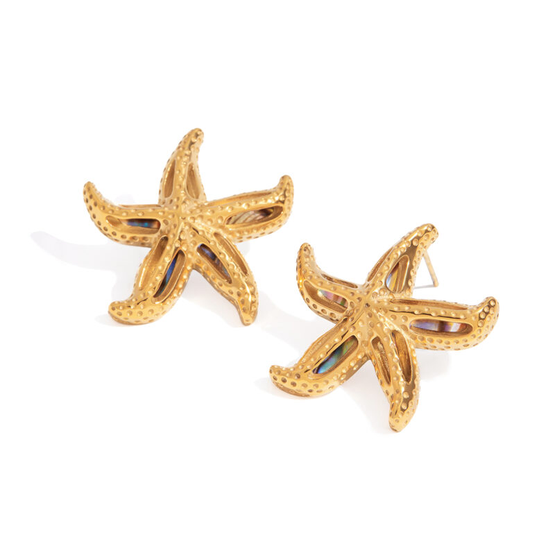 J&D Ocean Stainless Steel 18K Gold PVD Plating Starfish Thread Texture Star Shape Abalone Shell Earrings - Image 2