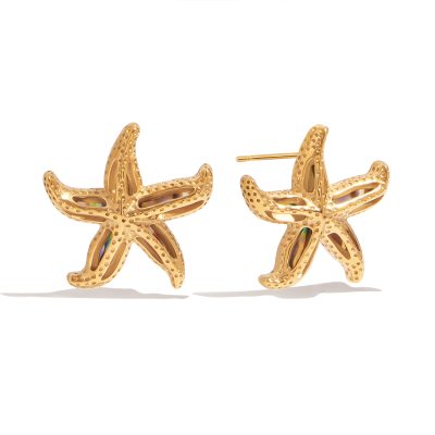 J&D Ocean Stainless Steel 18K Gold PVD Plating Starfish Thread Texture Star Shape Abalone Shell Earrings